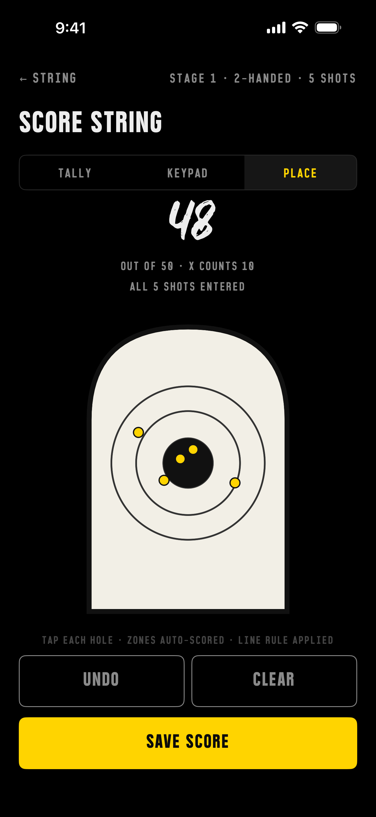 PLACE-mode scoring — tapped hole locations on an AP-2 target, zones auto-scored